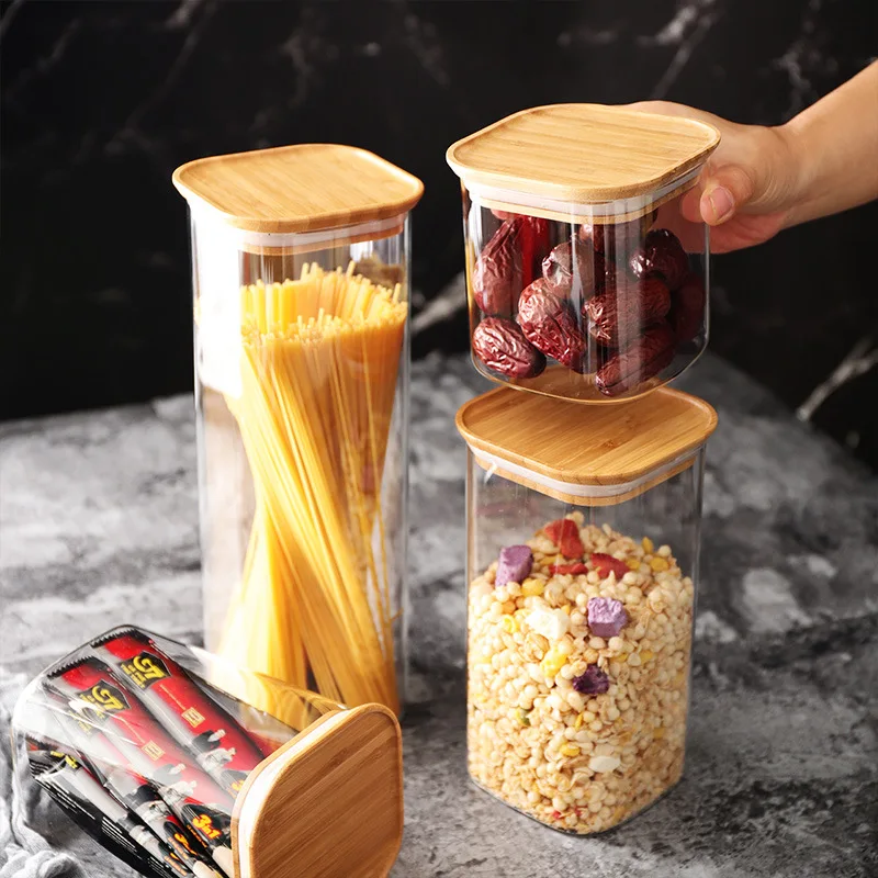 Eco-friendly clear Nut candy effervescent package High Borosilicate custom square glass storage jar with Natural Bamboo Lids