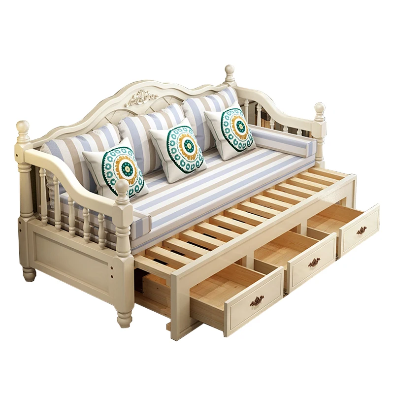 Modern wooden folding three-seat sofa living room multifunctional sofa bed