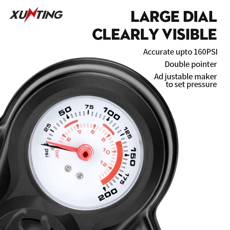 Xunting Customized Aluminum Alloy Floor Air Cycling Pump Hand Air Tire Bicycle Pump Air Bike Pump With Pressure Gauge