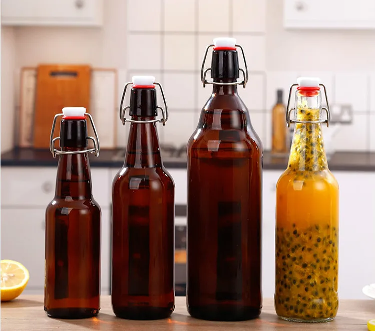 Glass Beer Bottles Caps Amber with Flip Swing Top Glass Home 16 Oz 500ml Perfume Packing Beverage Clear Round Cork Acid Etch