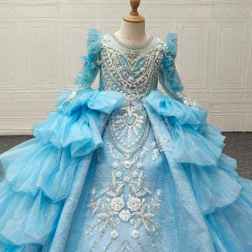 QUEENSGOWN fancy shining flower girls ruffles soft tulle heavy beaded party dress  Little Girls Birthday Gowns light blue Dress