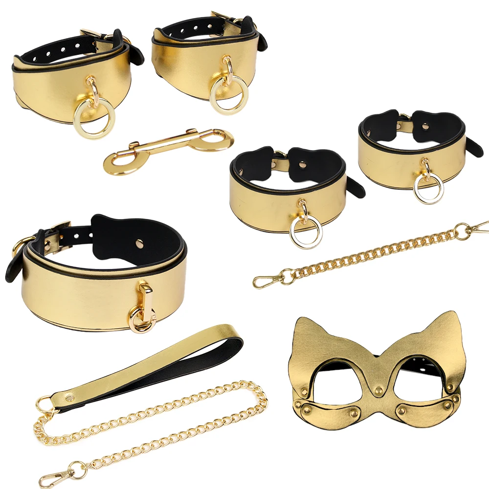 
Amazon Hot Luxury Golden BDSM Bondage Kit Restraint Gear Cat Masquerade Blindfold Handcuffs Collar Sex Toys for Couple 