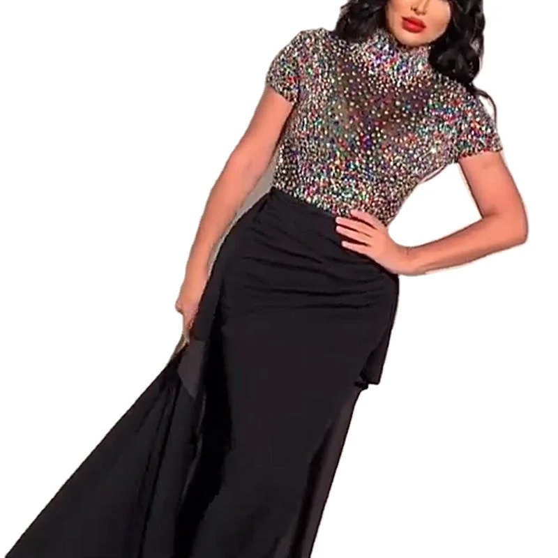Black color Sequined Ruffles plus size Sleeveless evening dress for women