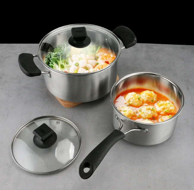 XINCHU High quality 16cm Stainless Steel Milk Pot 304 Steel Sauce Pot With Cover For Cooking Sheep Mi Wth Insulated Heat Handle