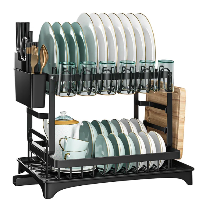 Double-Layer Iron Dish Rack with Drain Kitchen Storage Rack for Dishes Chopsticks Utensils
