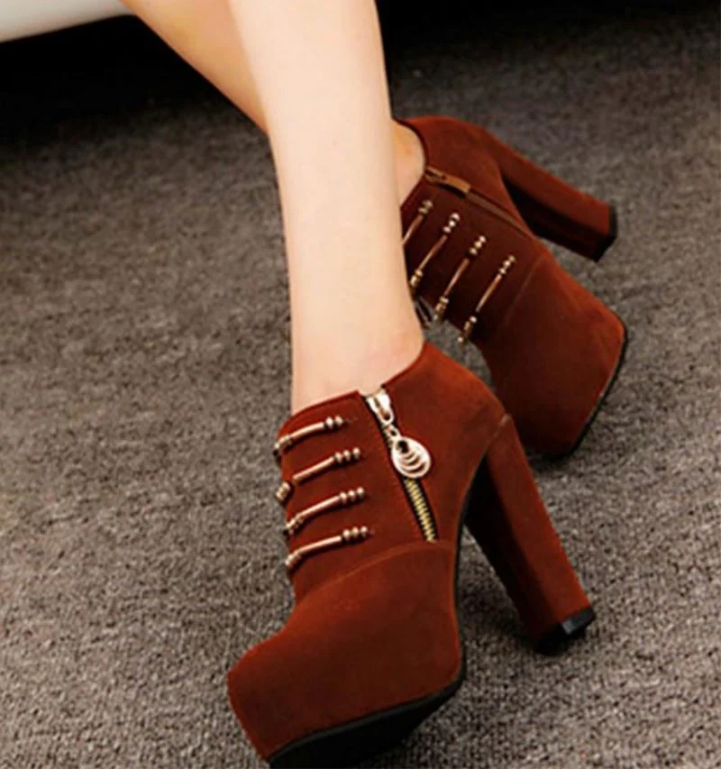 Factory Wholesale Thick Heel Pumps Metallic Chain Decor Platform Side Zipper Shoes Women Dress Shoes Sexy High Heel Shoes