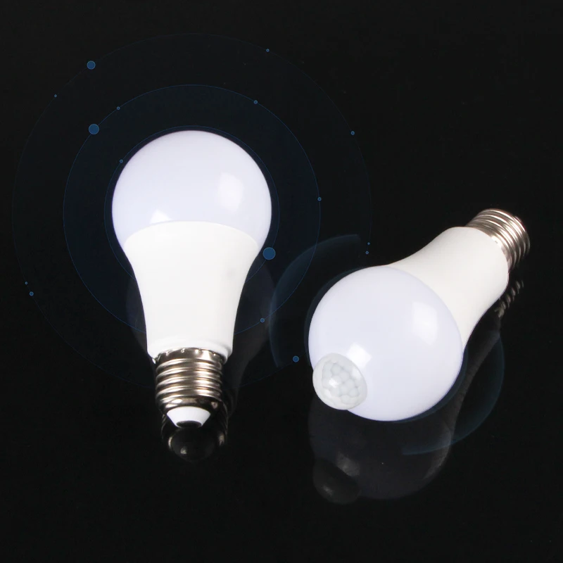 Custom led bulbs 12v 24v 120v 220v DC aluminum plastic 5w 7w 9w 12watt motion sensor E27 bulb led light