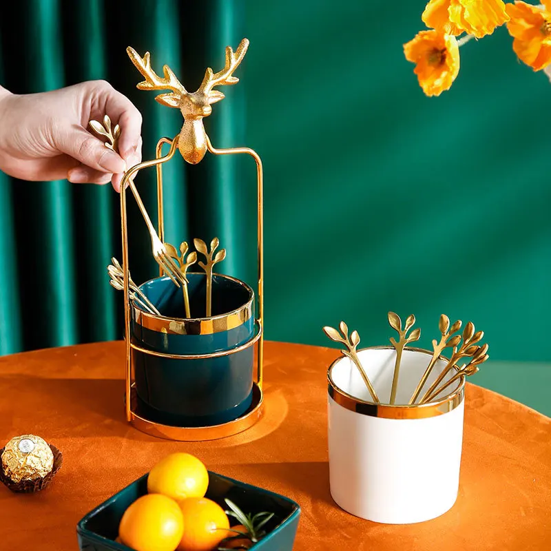 Nordic simple metal elk type ceramic fruit fork spoon placing jar household dessert cake fork jar