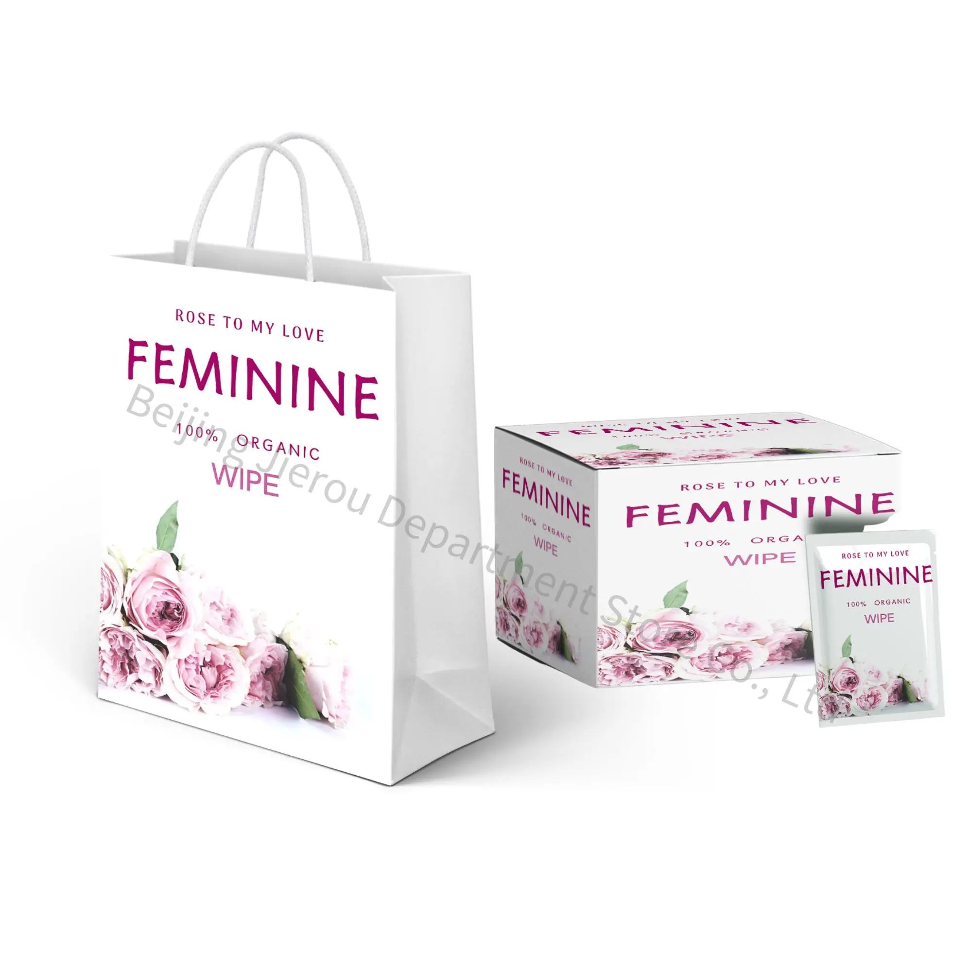 Wholesale private label customized 99.9% pure water feminine intimate hygiene wipes gift set with paper bags