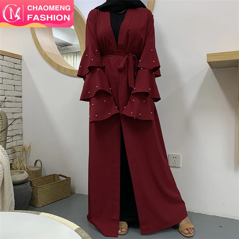 1594# Simple Maroon Black Abaya White Pearls Muslim Modest Kimono Islamic Clothing New Model Pictures