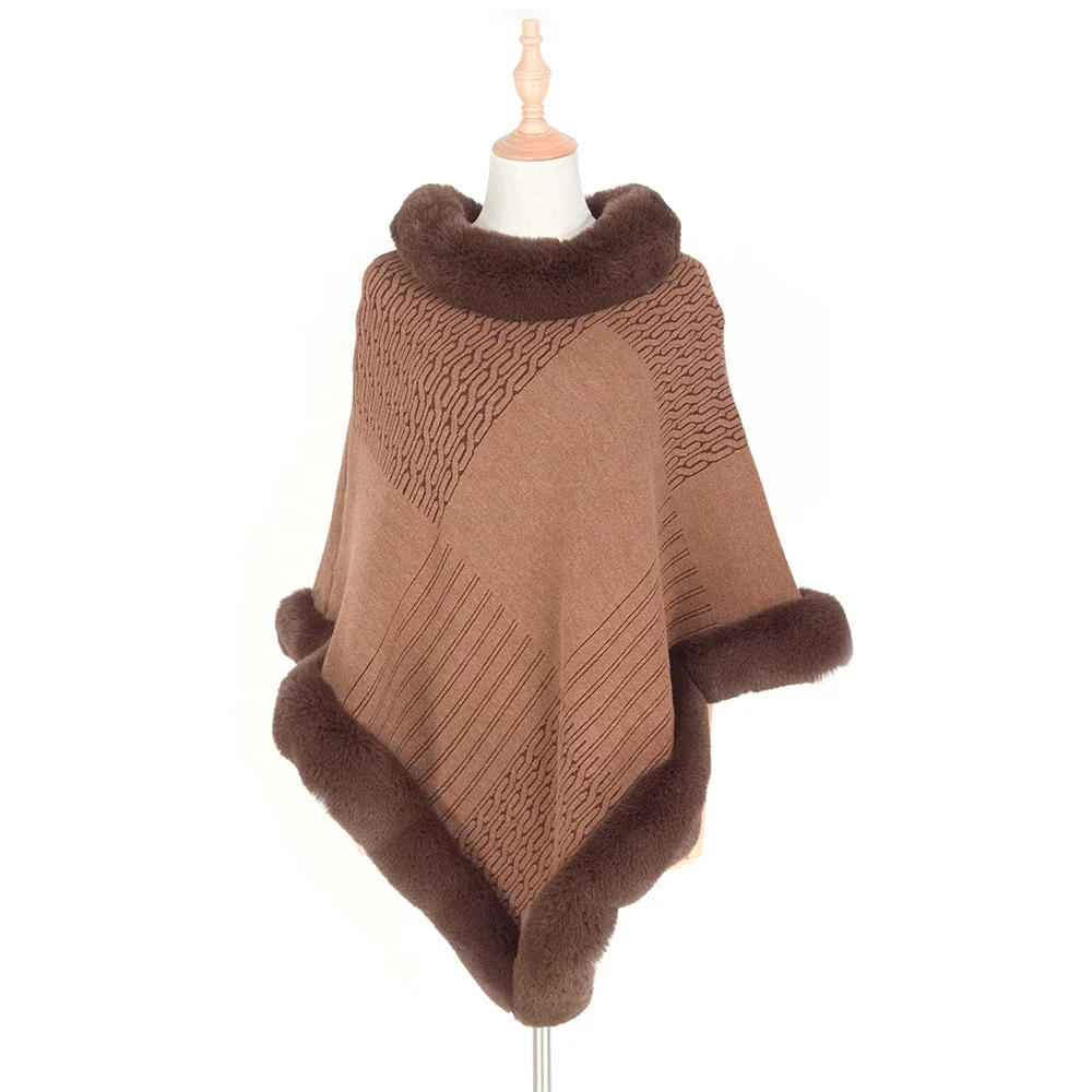 
Wholesale Faux Rabbit Collar Pullover Knitted Cape Ladies Wool Crochet Fur Poncho Sweater Women Winter Shawl Wrap 