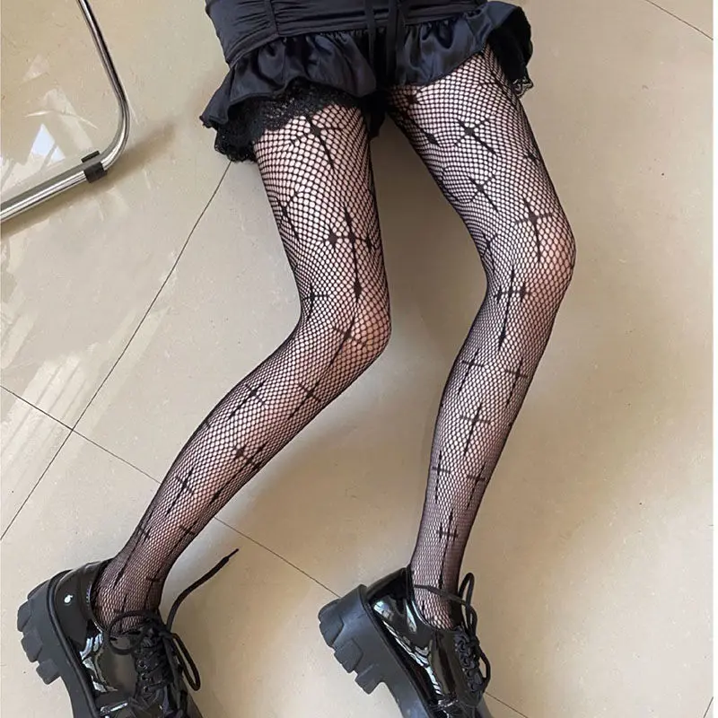 Transparent Cross Pattern Jacquard Sexy Pantyhose Cutout Women Fishnet Lace Stockings