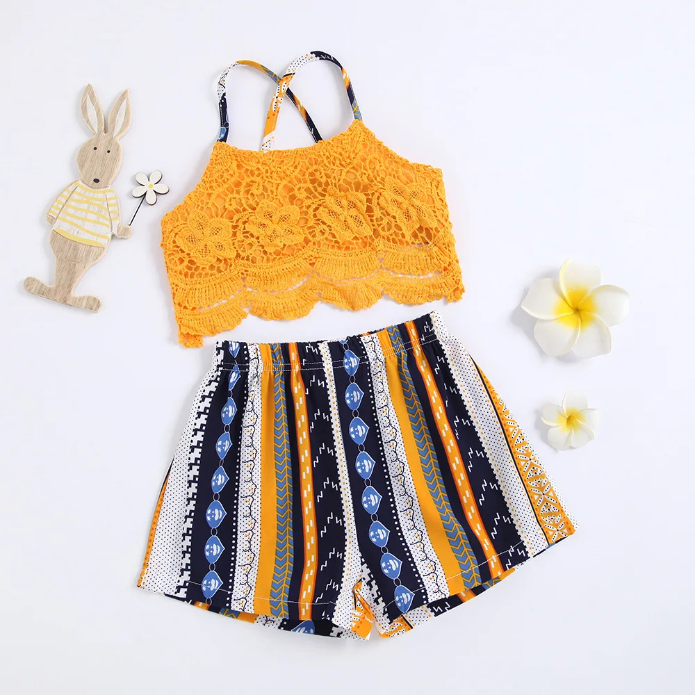 Новинка Весна 2021 комплект из двух предметов белый топ на бретельках и штаны летние кружевные комплекты одежды для девочек без