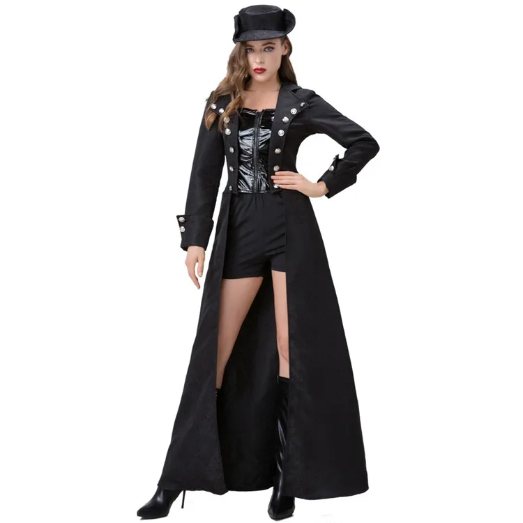 2023 New Carnival Cosplay Medieval Steam Punk Zipper Women Long Vintage Black Costume Outfit