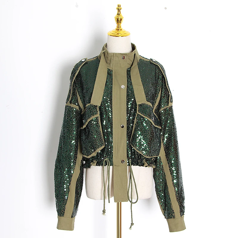 CHICEVER Patchwork Sequin Jackets For Women Turtleneck Long Sleeve Drawstring Coats Autumn Fashion Clothes 2020