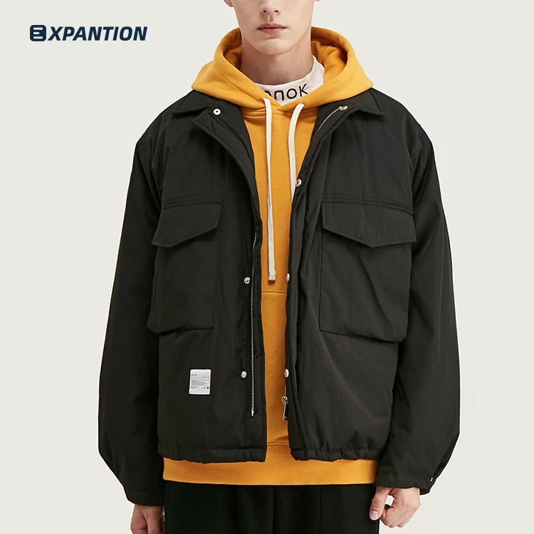 
EXP Fashion New Arrivals Hip Hop Stitching Men Outwear Turn Down Collar Down Men Streetwear Loose Jacket 