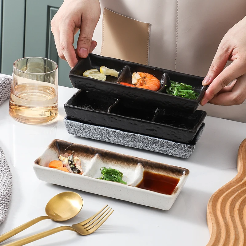 Japanese Style Glazed 3 Compartment Ceramic Sauce Dish Rectangular Sushi Mustard Dipping Soy Saucer