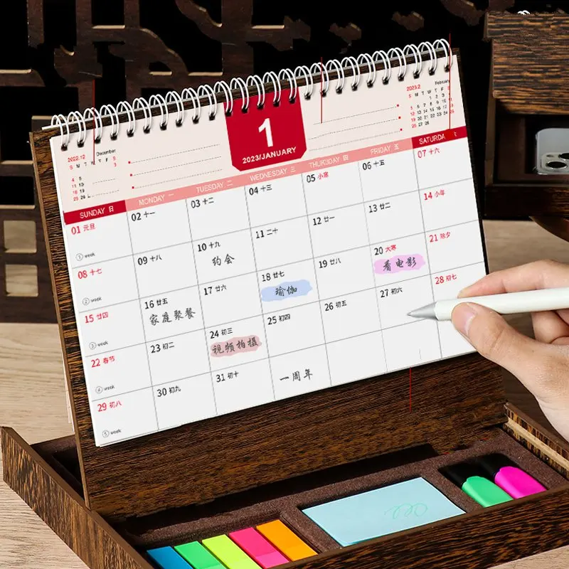 New arrived manufacturing Custom English Arabic Wholesale wooden desk calendar base With Memo Pad