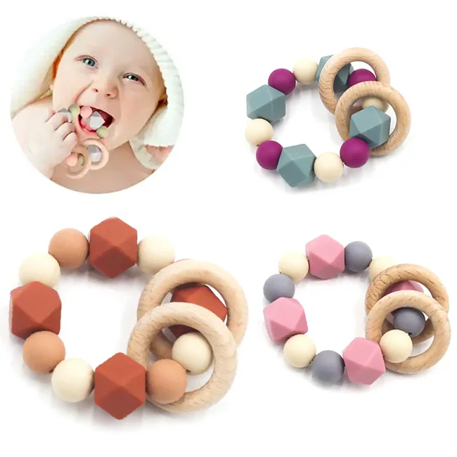 Newborn round unisex wooden teething ring senory chewable rattles toy beech cute soft infant silicone baby teether for gift