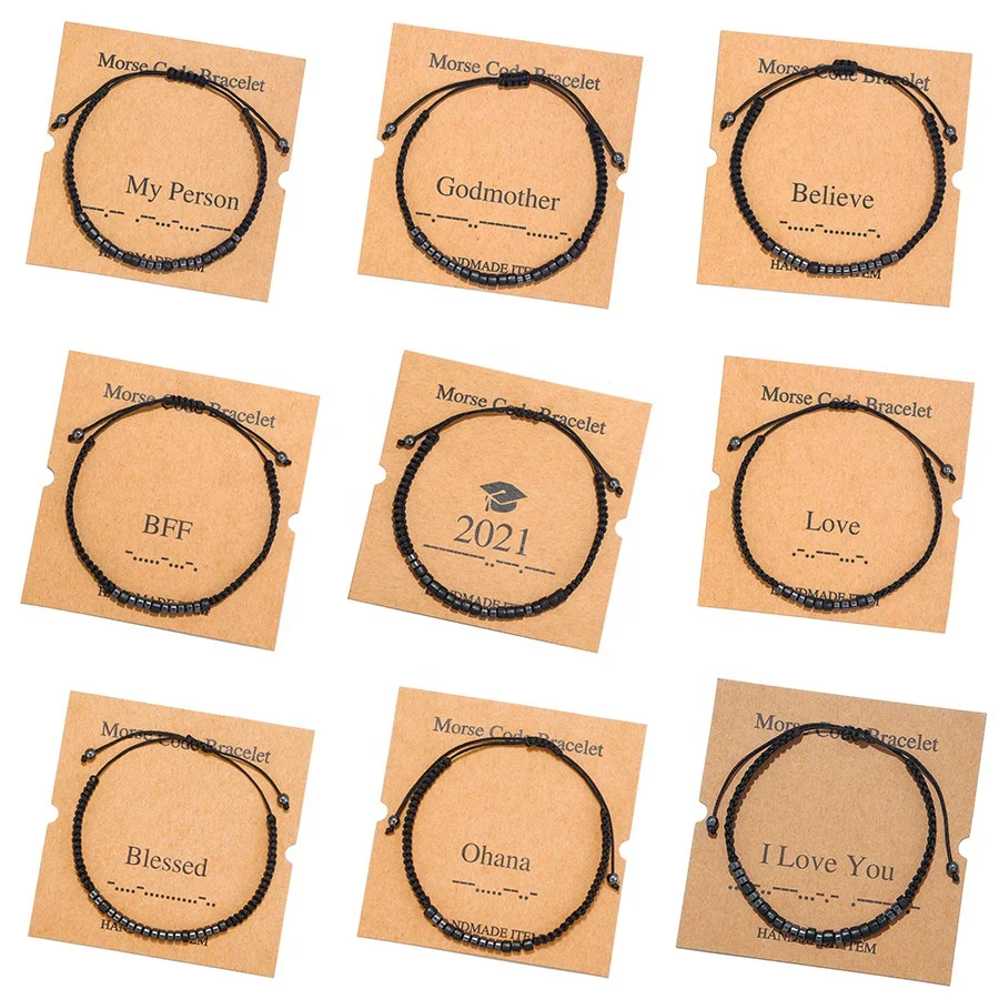 Hot Sale Hand Woven Couble Bracelet Insirational Morse Code Cardboard Wood Bead Adjustable Rope Friendship Bracelet