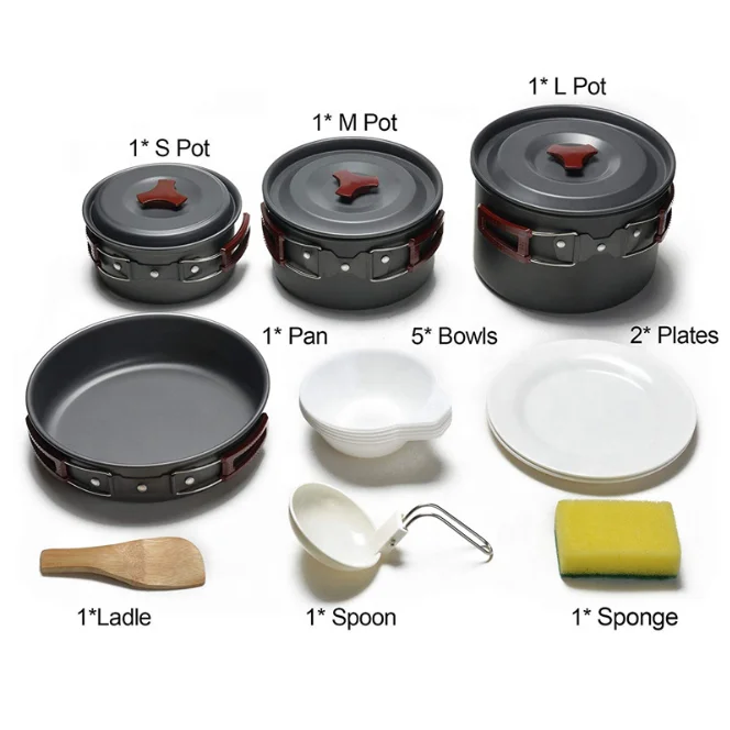 
Hot sale cheap 4-6 person Portable Alloy Outdoor camping Cooking Set Cookware 
