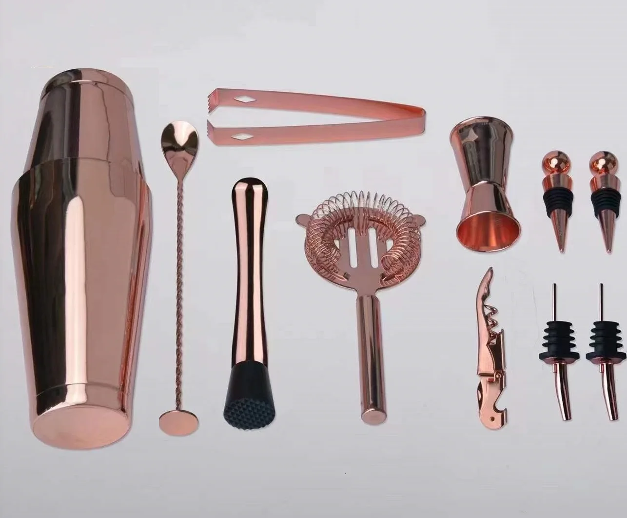 Factory direct new arrival 12 pcs  copper plating high quality stainless steel boston shaker set bartender kit bar tool set