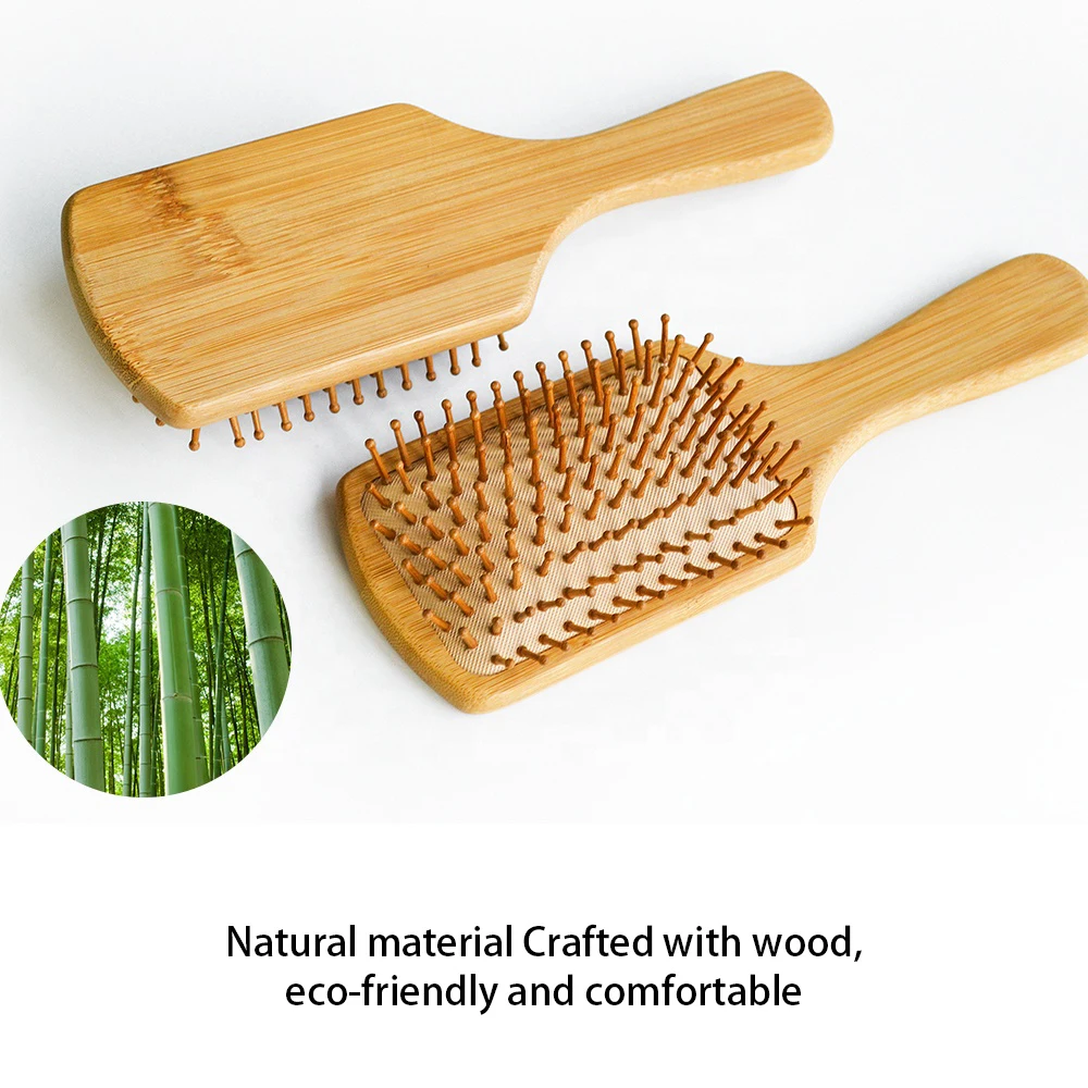 Customized LOGO Natural Bamboo Wood Hair Comb Styling Curly Paddle Bamboo Hair Brush for Home Use Common Comb Set