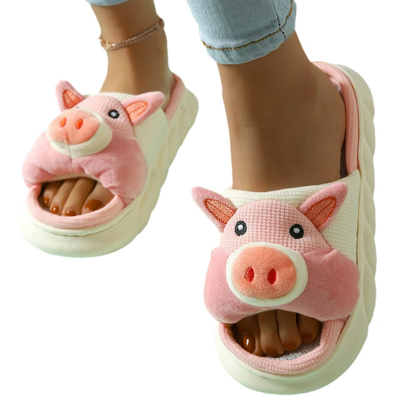 Custom Logo Cute Design Linen Animal Prints Slippers Funny Pig Animal Slipper For Women