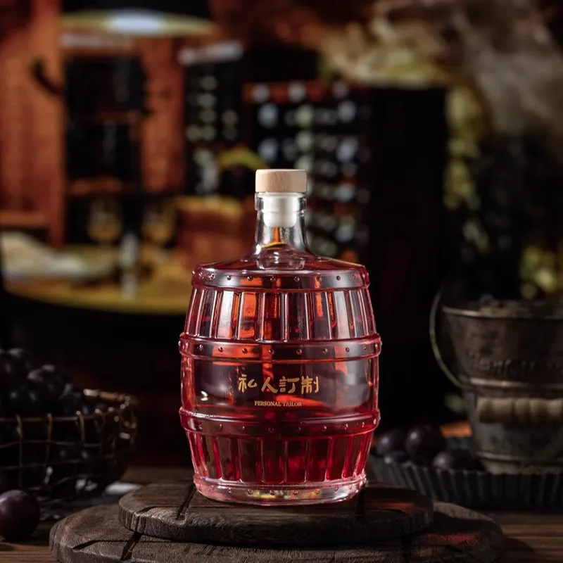 WHolesales 500ml/16oz Liquor fruit wine glass bottle barrel shape fruit  cask wine brandy whisky bottle with glass cap or cork