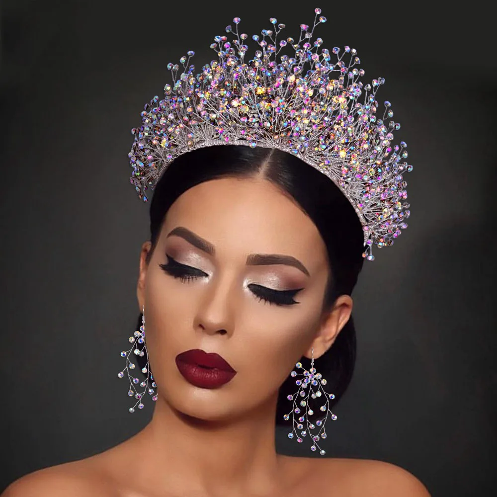 Свадебный блестящий комплект короны для невесты, Женская Праздничная красота, красочная Корона со стразами для торжества свадебной тиары