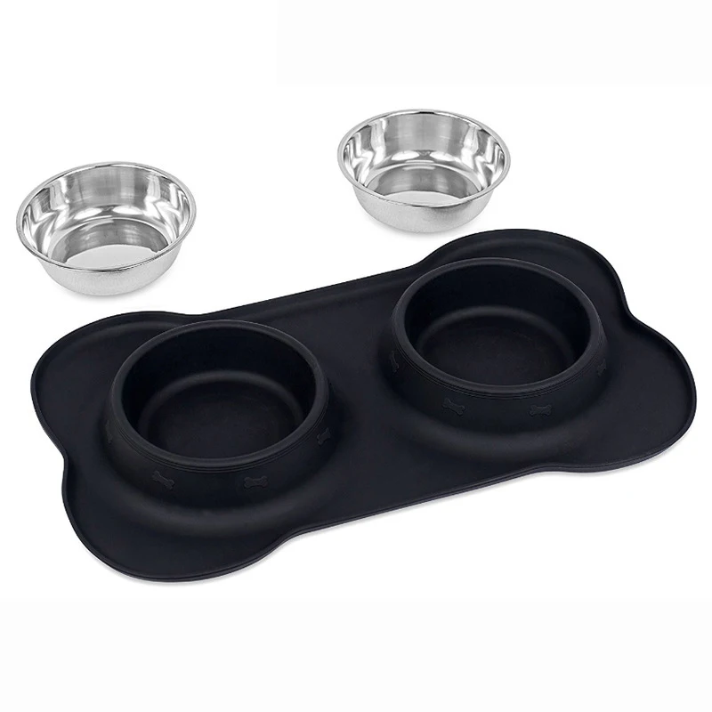 LIHONG wholesale Pet Dog Bowls 2 Stainless Steel Bowl with No Spill Non-Skid Silicone Mat + Food