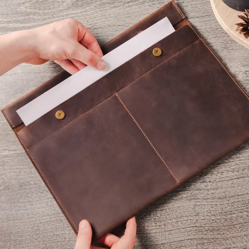 Retro Genuine Leather Paper Portfolio Durable Paper Document Case Paper File Organizer for Office School