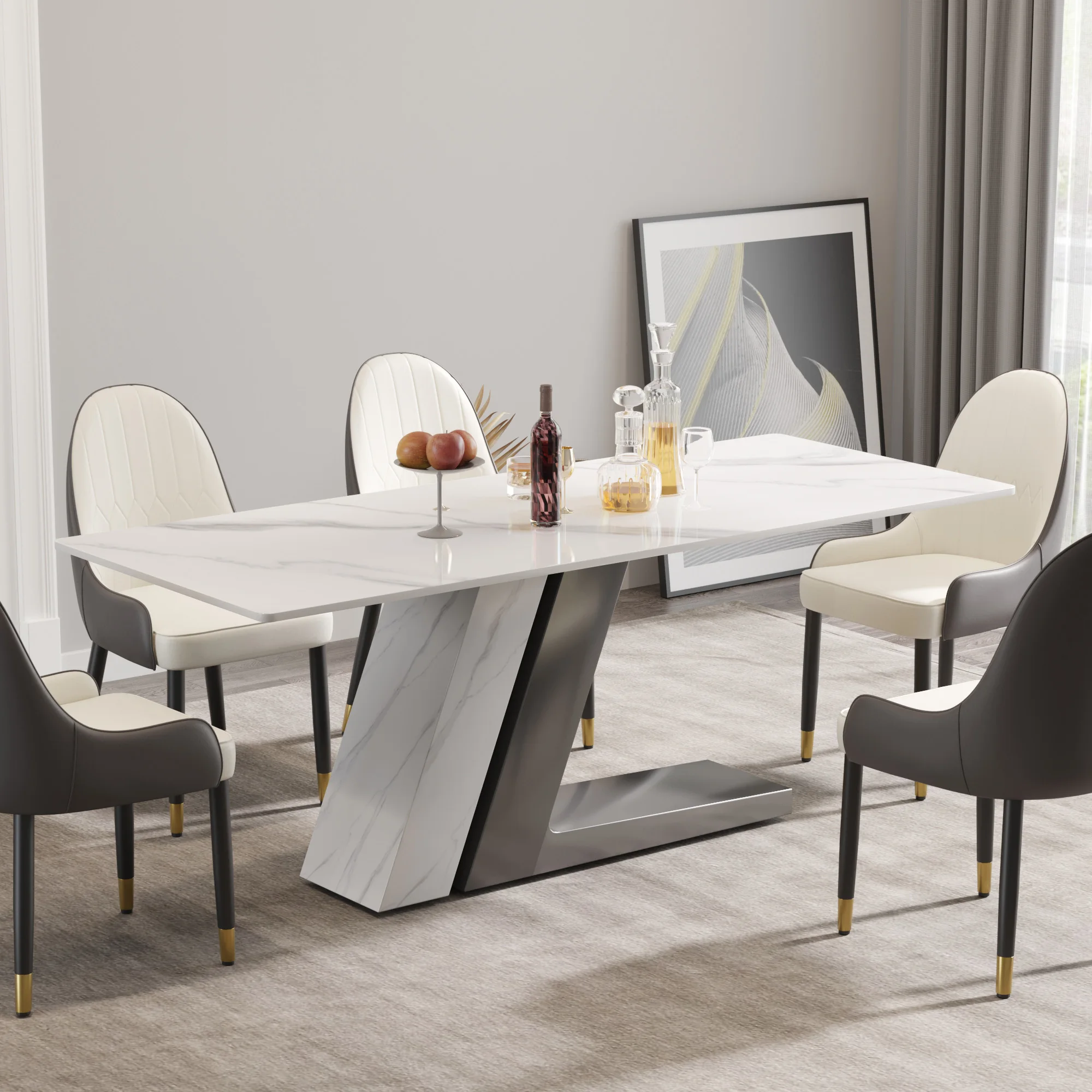 Modern Matte White Dining Table Sintered Stone Rectangle Dining Table Carbon Steel Pedestal