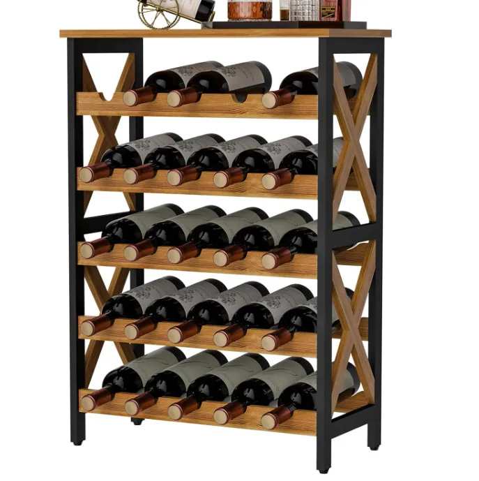 Metal Wood Freestanding 25 Bottle Wine Rack Wine Bottle Organizer Shelf For Cellar Kitchen