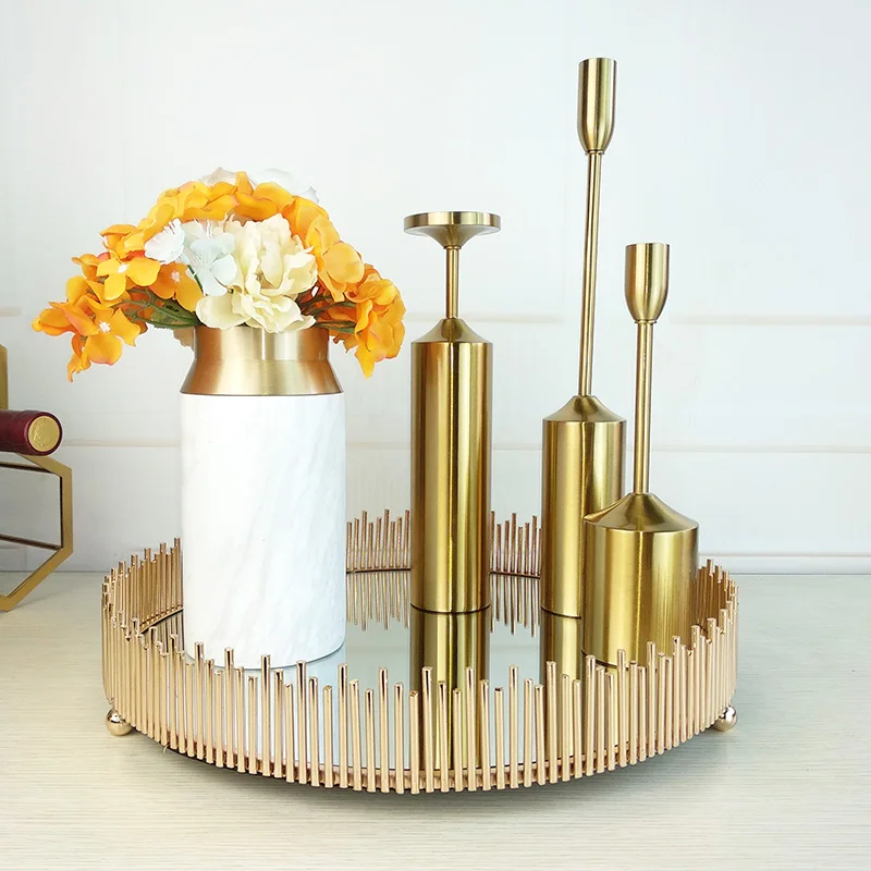 Nordic modern light luxury geometric metal ring oval mirror tray golden model room living room storage basin decoration