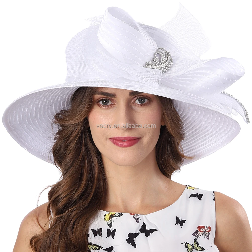 Original Charm Women Formal Dress Satin Wide Brim Church Wedding Party Hats w/ Rhinestones White Black Champagne Gold Wholesale
