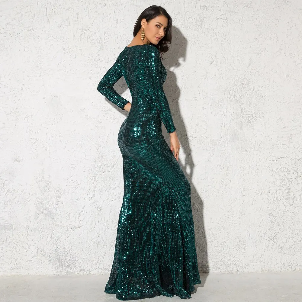 High quality boat neck stretchy sparkle sequined bodycon fishtail mermaid maxi long sleeve prom evening