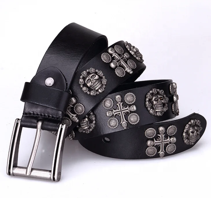 Cowboy Cowgirl Western Top Grain Cow Hide Punk Studded Genuine Leather Skull Belt
