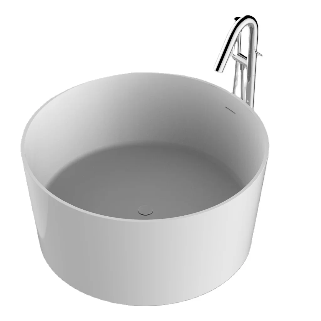 Easy-to-install Round Floor-standing Faux Aluminum Stone White Matte Adult Freestanding Bathtub