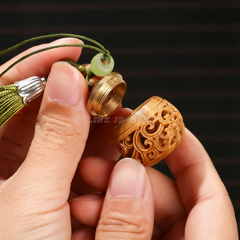 JD GEMS Wood Incense Expander Wood Hollow Carving Pendant White Jade Green Sandalwood Lotus Sachet Incense Box Charm