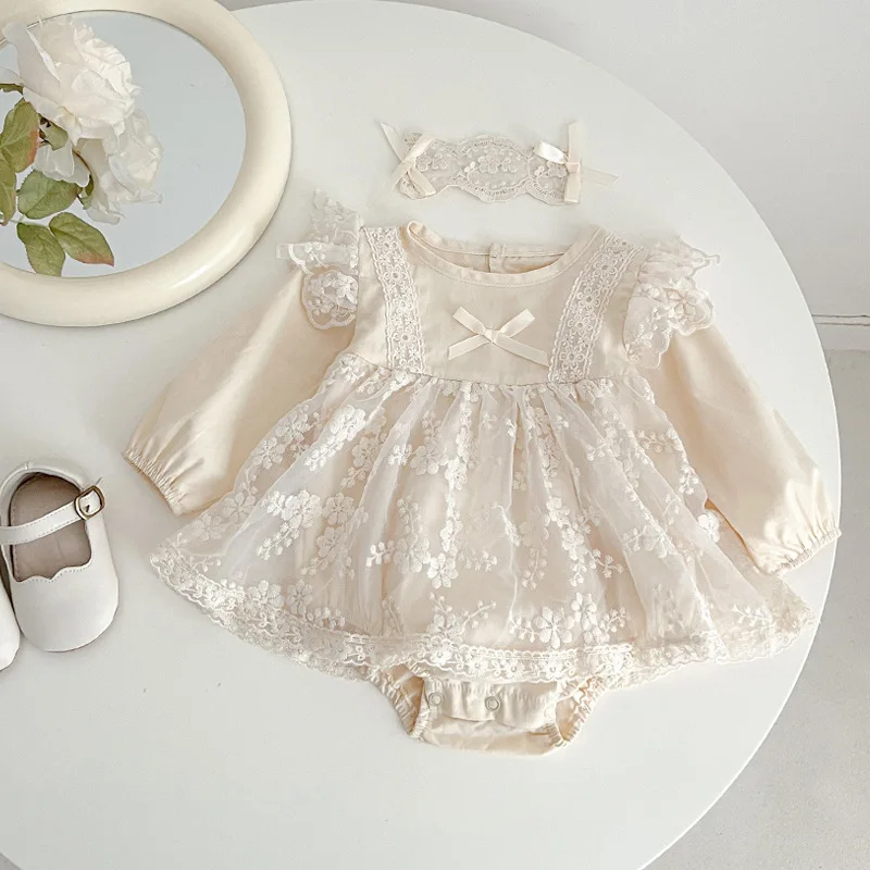 Baby dresses Long-Sleeved Baby Jumpsuit with Hairband Lace dress Chinese Style Spring Autumn and Newborn Clothes for Girls