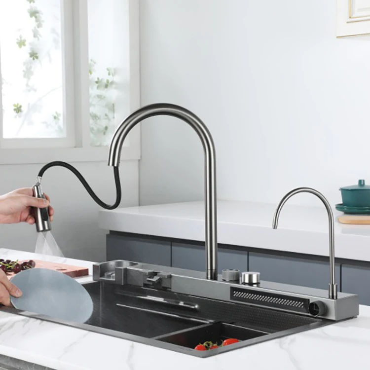 Stainless Steel Temperature Digital Display Pull Down Kitchen Faucet with Base Waterfall