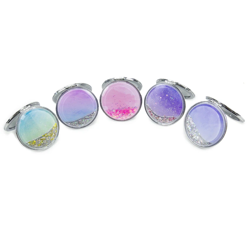 Customized Logo Hand Mirror Quicksand Compact Mirror Water Liquid Round Makeup Mirror New 2022