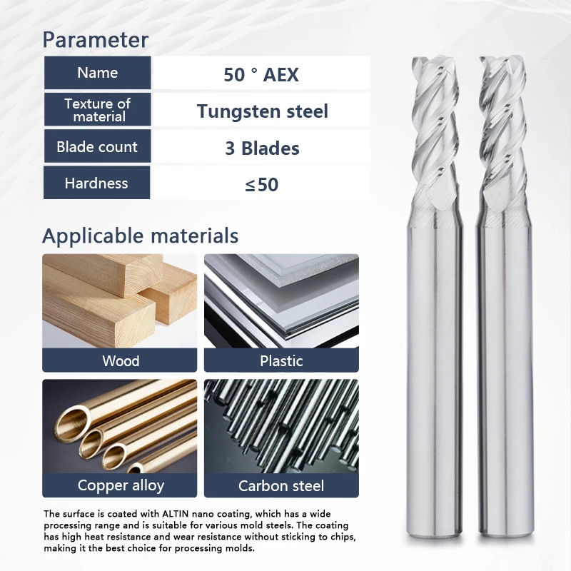 DOHRE Solid Tungsten End Mill HRC 50 3-flute square End Milling Cutter for Metal