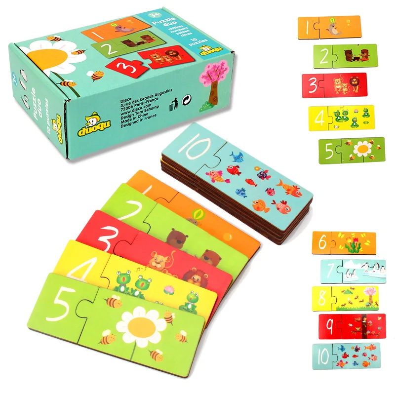 Amazon hot sale montessori early educational learning toys cartoon animal shape preschool wooden toy  digital recognition card