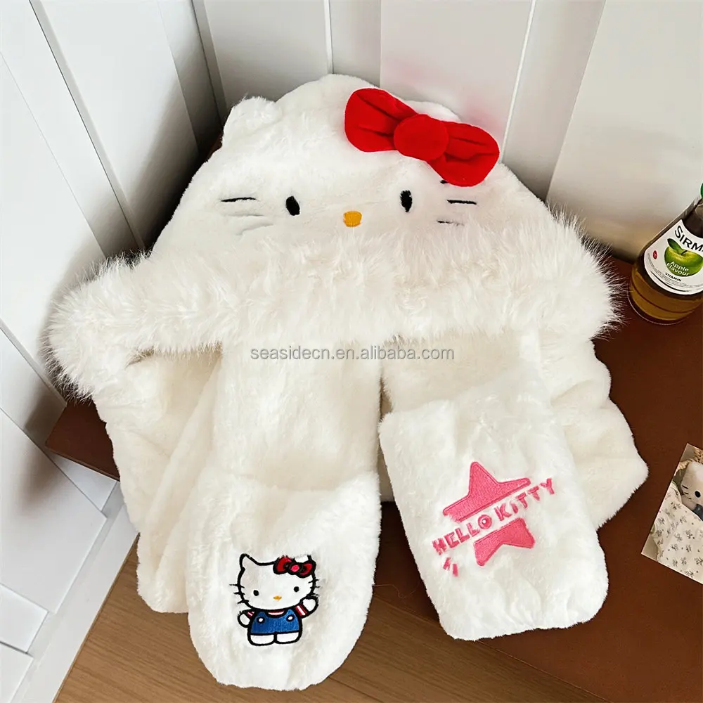 New Design Fashion Hello KT 3 in 1 Hats Scarf Gloves Soft Outdoor Winter Warm Women Girl Sanrioed Kuromie hats