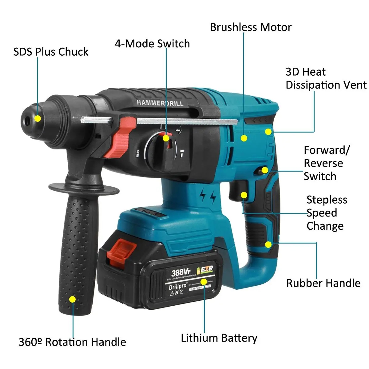 Drillpro 4 функция бесщеточный Буры для беспроводного бурильного молотка дрель перезаряжаемые электрический перфоратор 26 мм Ударная