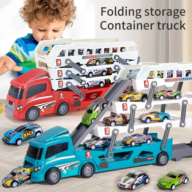 Hot Sale Large Ejection Mini Slide Alloy Container  Engineering Car Multi-Layer Can Receive Blue Racing Car With 6pcs car