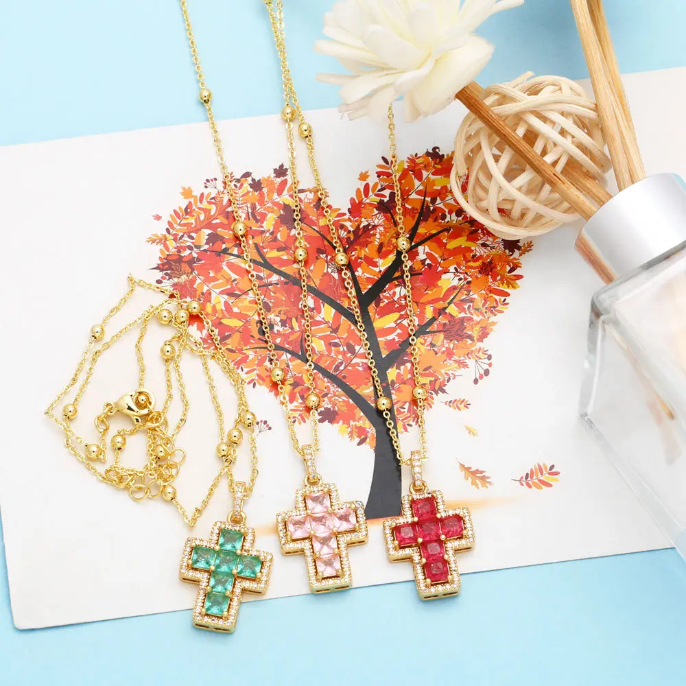 XL23353 Retro French Cross Baroque Brass Necklace Luxurious Square Zircon Rhinestone Gold Plated Copper Alloy Chokers Necklace