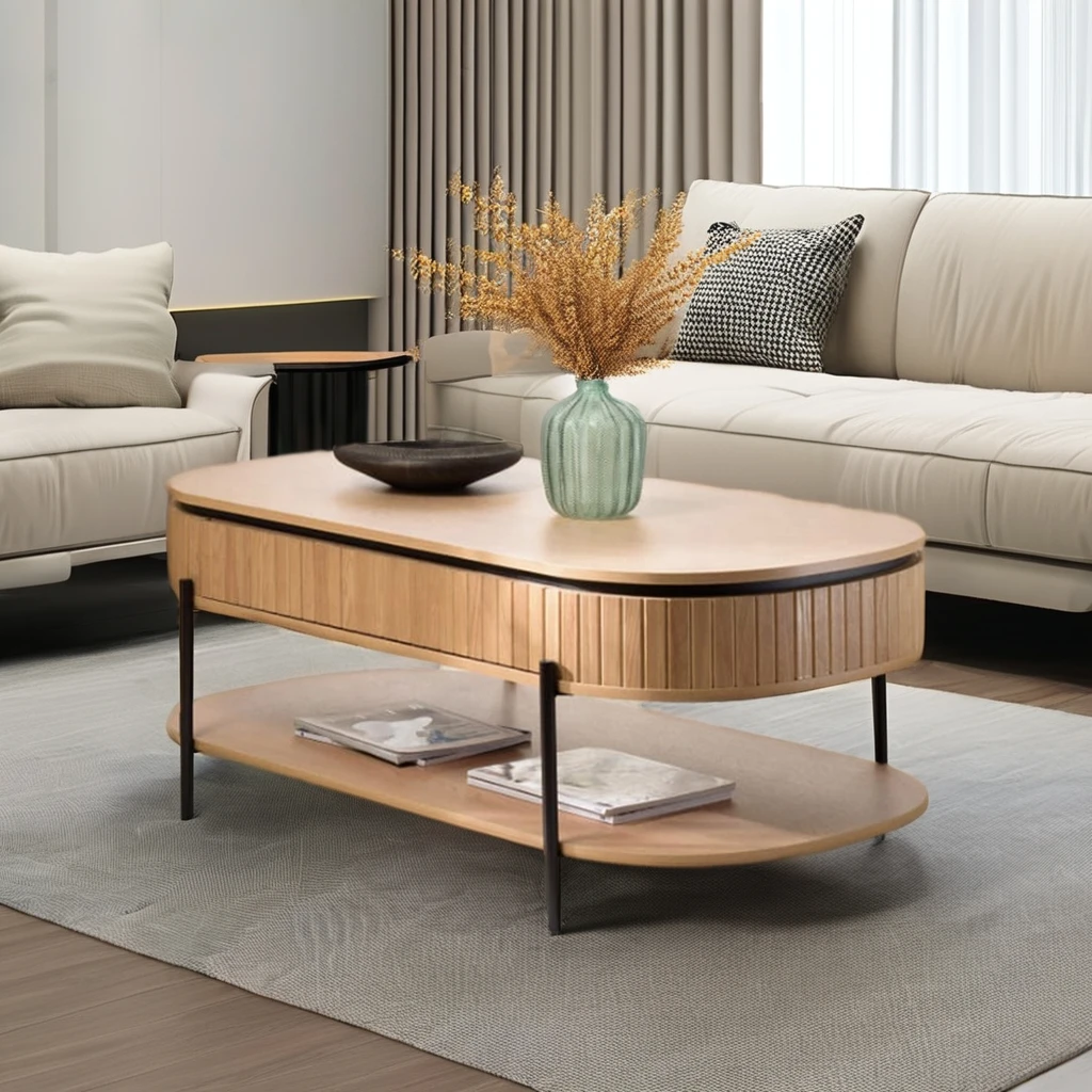 Modern Design Wood Coffee Table with Black Powder Coated Iron Legs 2 Drawers in Oval Shape for Home Living Room Furniture